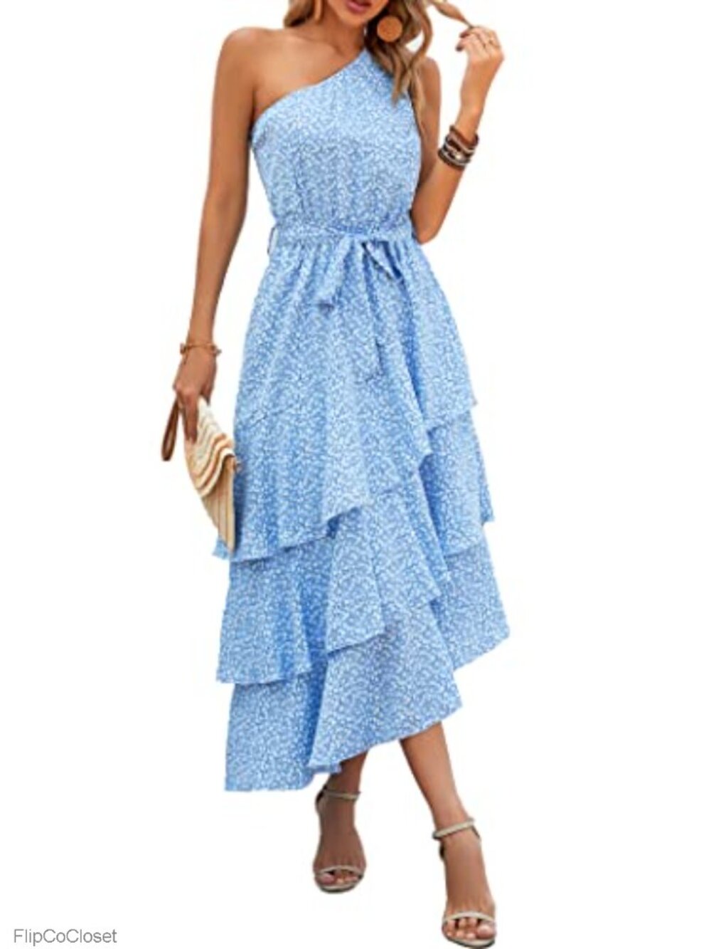 One Shoulder Tiered Ruffle Flowy Midi Summer Boho Dress